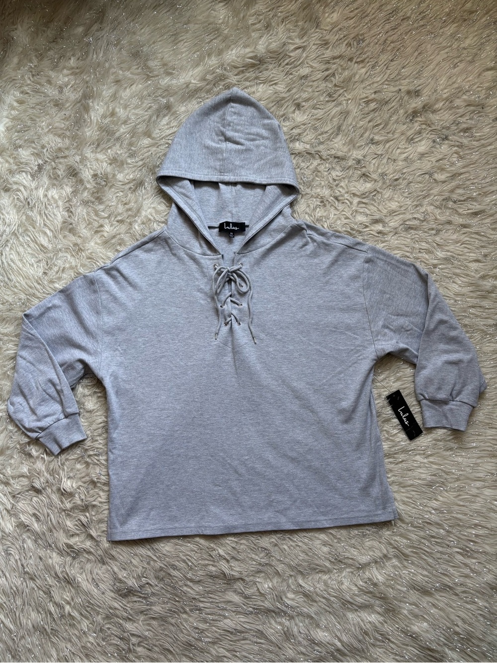 Lulu's Light Gray Lace-Up V-Neck Hoodie Sweater Size XS